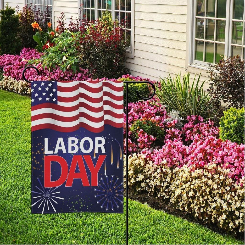 Wamika Happy Labor Day Garden Flags 12 x 18 Double Sided, Celebrate Labor Day Firwork Patriotic USA Flag Polyester Banner for Home House Outdoor