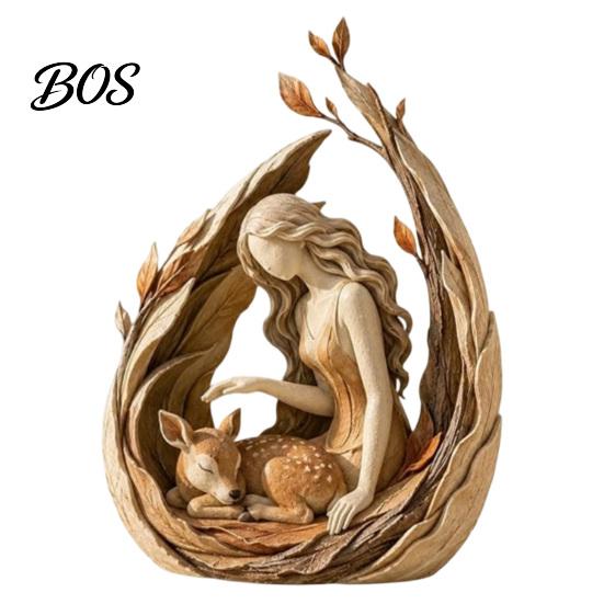 Bohemian Home Decor Woodland Guardian Resin Figurine, Rustic Forest Woman Sculpture with Fox Deer Owl, Mantel Decoration Boho Tabletop Ornament