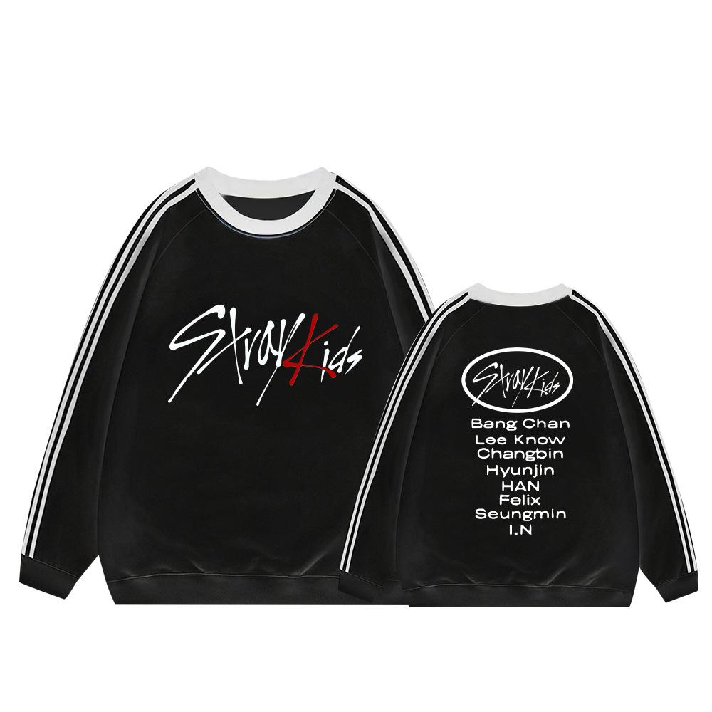 Stray Kids Толстовка с флисовой подкладкой, полосатая, с длинным рукавом, с круглым вырезом, повседневная, пуловер, мерч для фанатов K-pop, зимняя, теплая, оверсайз, серая, стильный топ