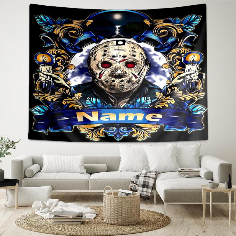 Custom Name Friday the 13th Print Tapestry, Backdrop, Easy Setup, Ideal for Bedroom, Office & Living Room, with Aesthetic Wall Hanging Decor.