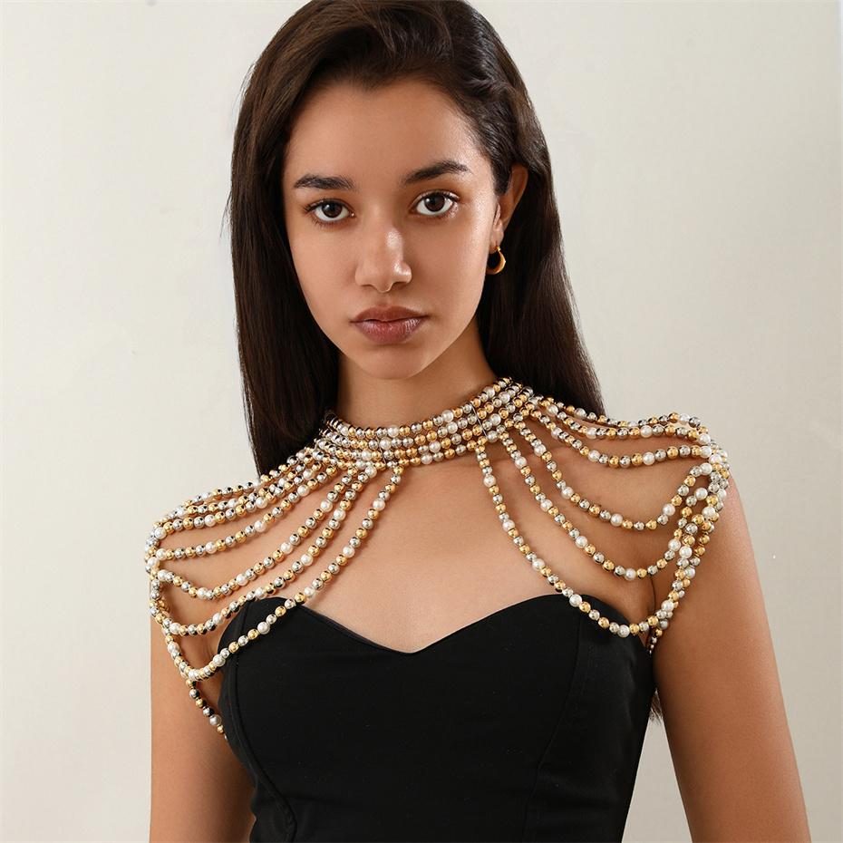 Ingemark Elegant Multilayer Imitation Pearl Shoulder Chain Necklace for Women Wed Bride Goth Tassel Neck Rave Party Body Jewelry
