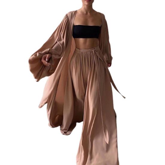 Women Solid Color Long Sleeve Cardigan Tube Top Wide Leg Pants Three Pieces Set