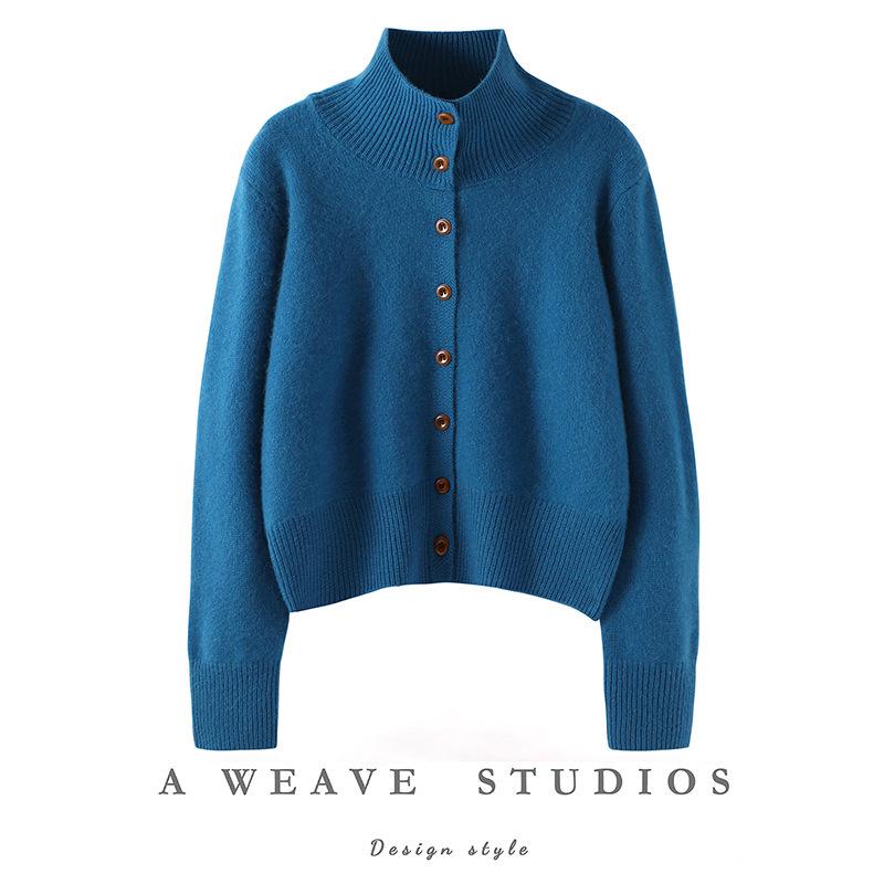 Women's High-Neck Cashmere Blend Cardigan - Thickened, Loose, Slimming Winter Sweater