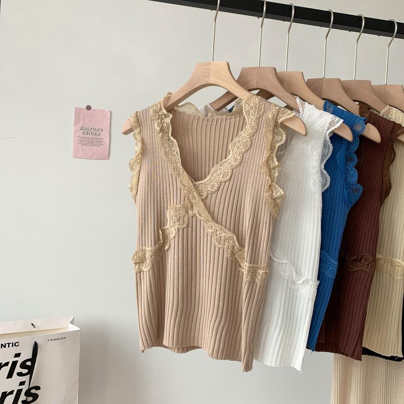 Летний новый сексуальный кружевной жилет-халтер для женщин, верхняя часть с V-образным вырезом, шелковый утягивающий трикотаж