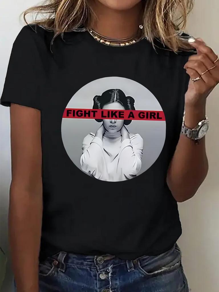 Women's T-shirt with "FIGHT LIKE A" circular character print and letter design crew neck T-shirt street fashion apparel