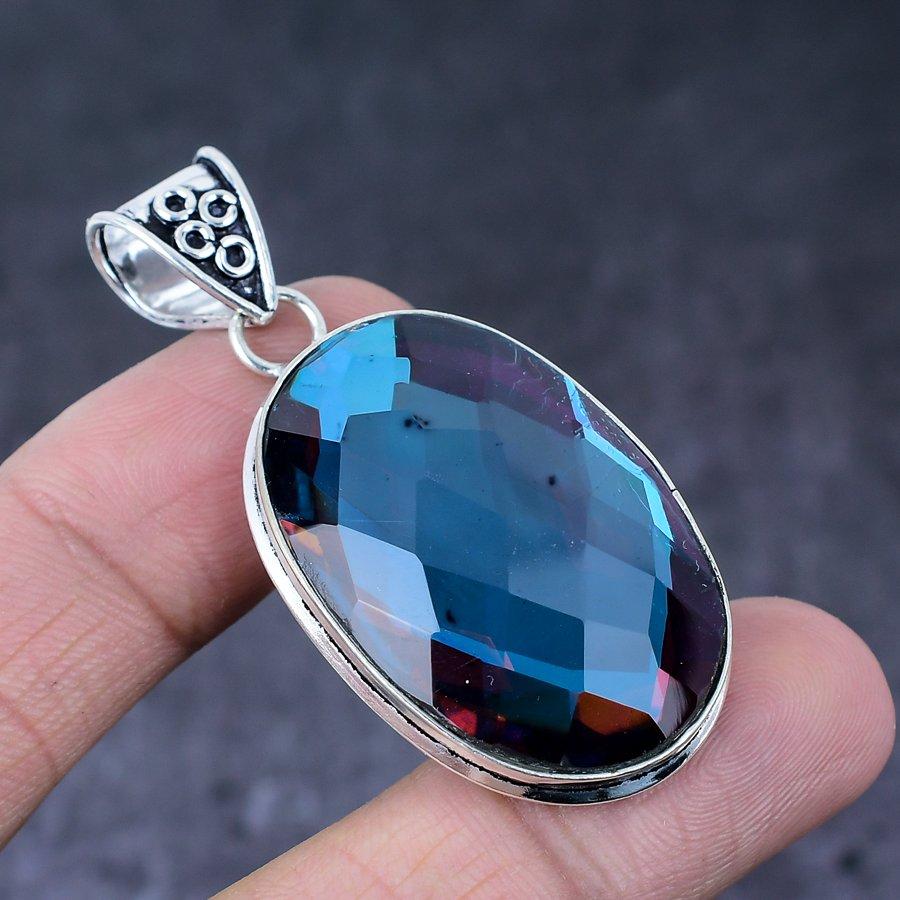 Подарочный кулон ручной работы из стерлингового серебра 925 пробы с натуральным синим мистическим топазом 2,17 дюйма U8W80