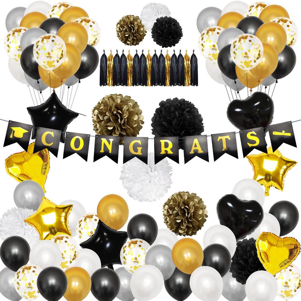 Birthday Party Decoration Set Black Gold Theme Birthday Arrangement Rain Curtain Flag Party Decoration Balloon