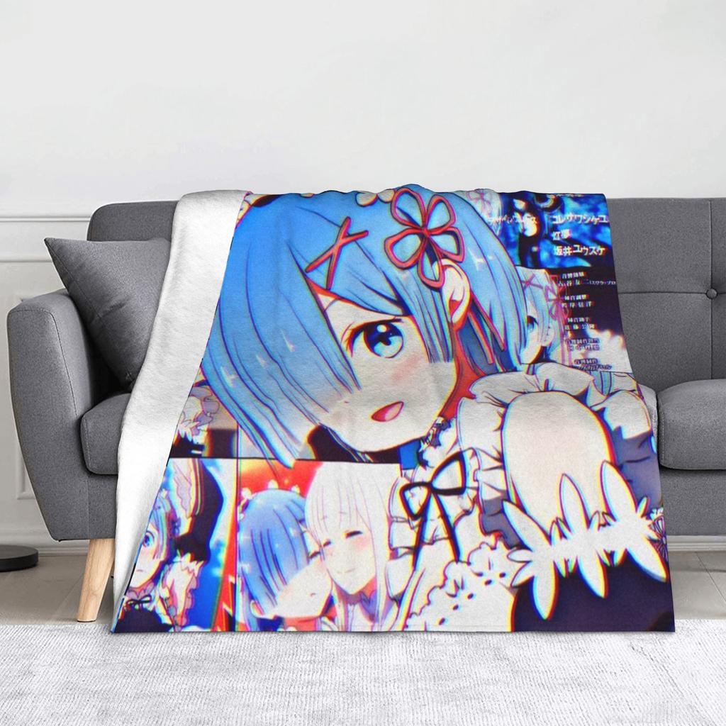 Rem Emilia ReZERO Flannel Throw Blankets Starting Life in Anothers Worlds Anime Blanket for Sofa Couch Warm Bedroom Quilt