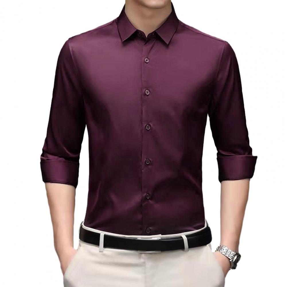 Мужская осенняя рубашка, формальная деловая рубашка, однотонная, с лацканами против морщин, однобортная, с длинными рукавами, облегающая, шелковистая, дышащая, мужская футболка