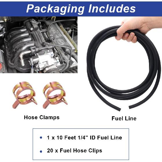 Tnisesm 1/4 Inch ID Fuel Line Hose 10 Feet + 20Pcs 2/5" ID Hose Clamps For Kawasaki Kohler Briggs & Stratton Small Gas Diesel Powersports Engines And