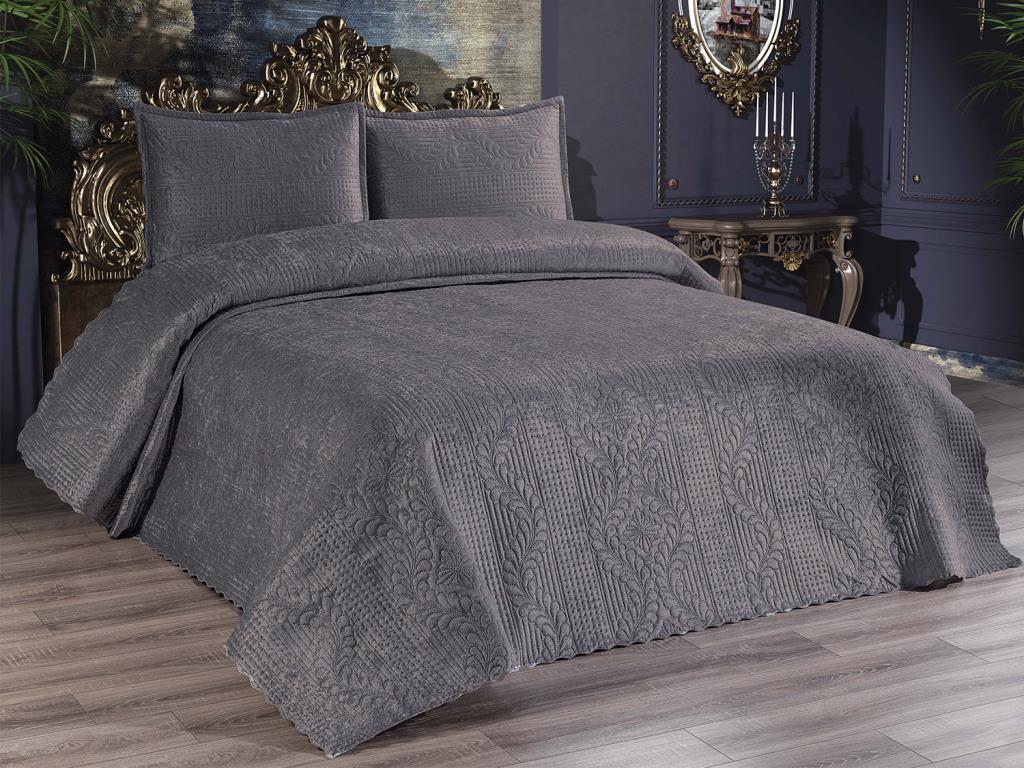 Velica Velvet Комплект постельного белья 3шт, Покрывало 250x260, Наволочка 50x70, Двойной размер, Queen, Антрацит