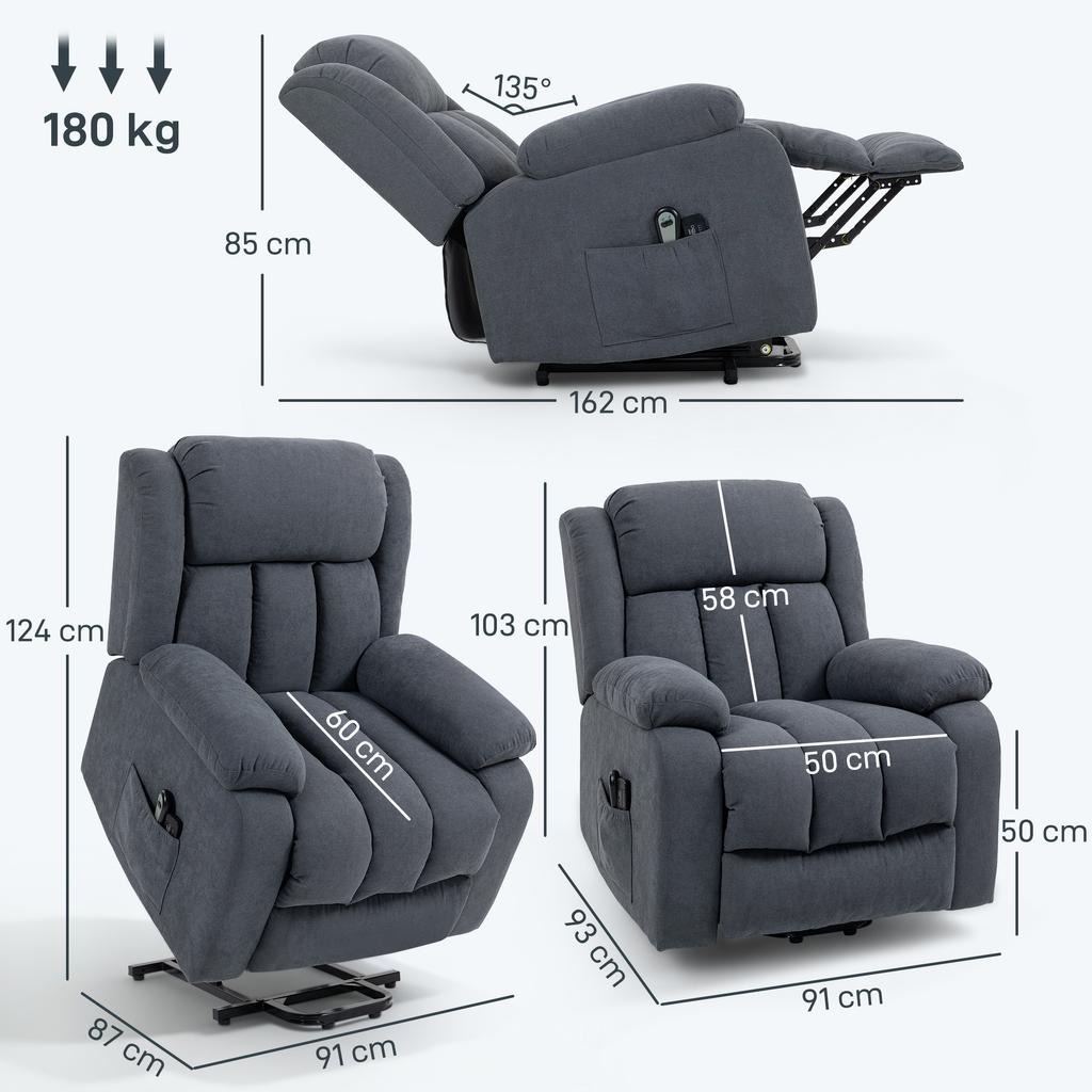 TV Chair with Lift Assist Electric Recliner with Reclining Function, Massage Function, 93x91x103 cm, Dark Gray