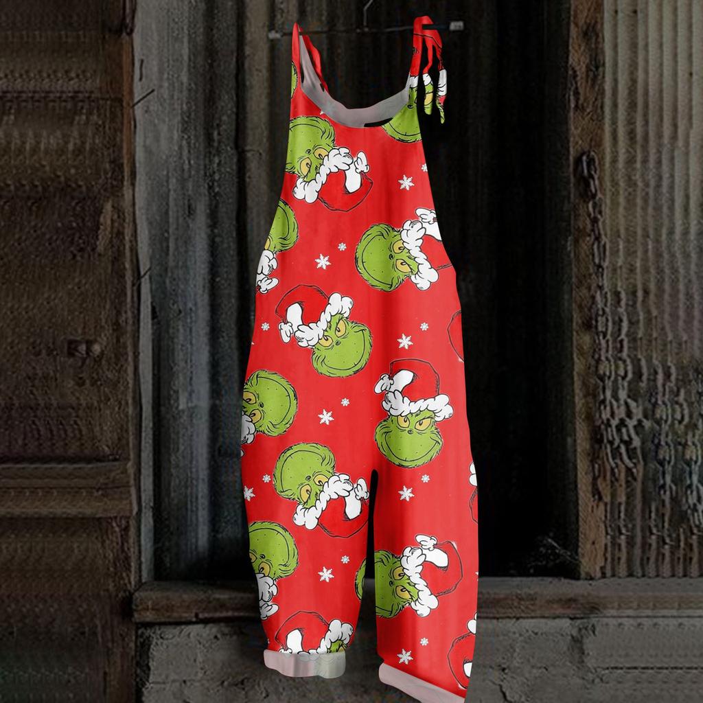 Женский повседневный свободный комбинезон с рождественским принтом, комбинезон с широкими штанинами, без рукавов, с карманами