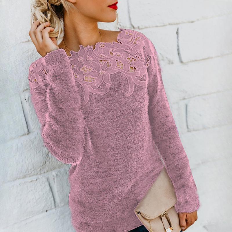 QICED Женский однотонный свитер с длинными рукавами и кружевом в стиле пэчворк