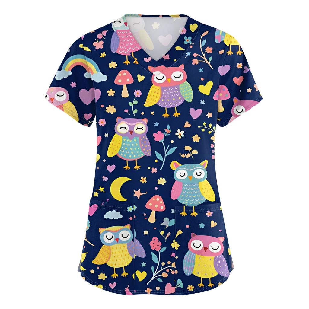 Women's Casual Short-Sleeve Cute Animal Print V-Neck Pocket Top