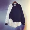New Autumn Winter Color-blocking Fake Two-piece Round Long Sleeve Sweatshirt Loose Striped Splicing Coat Women