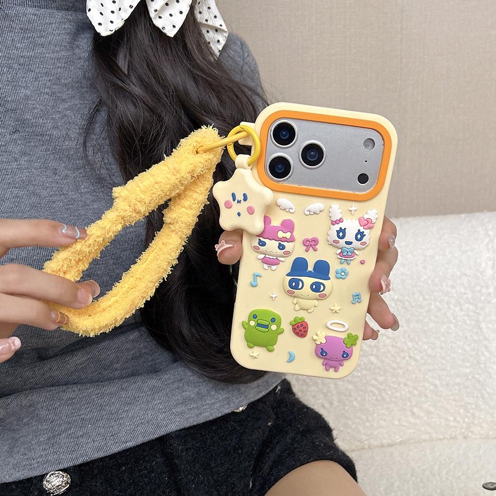 Забавный 3D Мультяшный Чехол-Ремешок Tamagotchi Для iPhone 12 13 14 15 16 Plus 17 Pro Max Мягкий Силиконовый Ударопрочный Задний Чехол