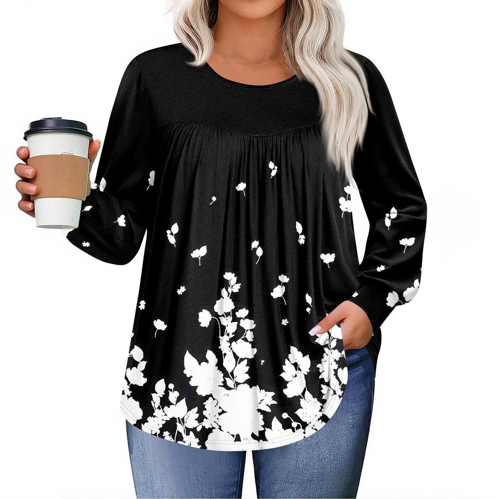 Womens Plus Size Tops Long Sleeve Shirts Round Neck Flowy Tunic Casual Loose Blouse L-5X