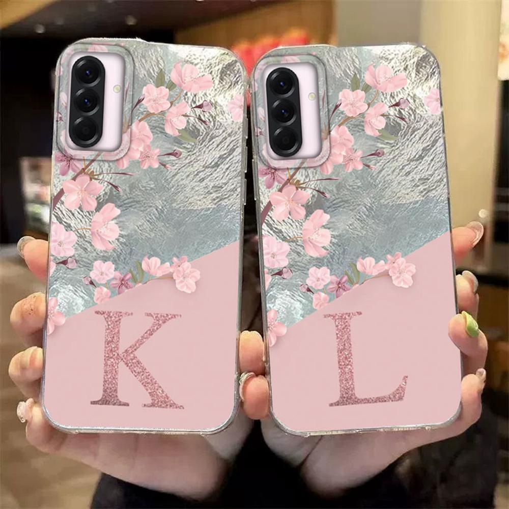 Парные чехлы для телефона с буквами A Z для Samsung Galaxy A56 A36 A16 tpu чехол Розовые цветы Силиконовый Прозрачный чехол Мягкая задняя крышка Fundas Бампер