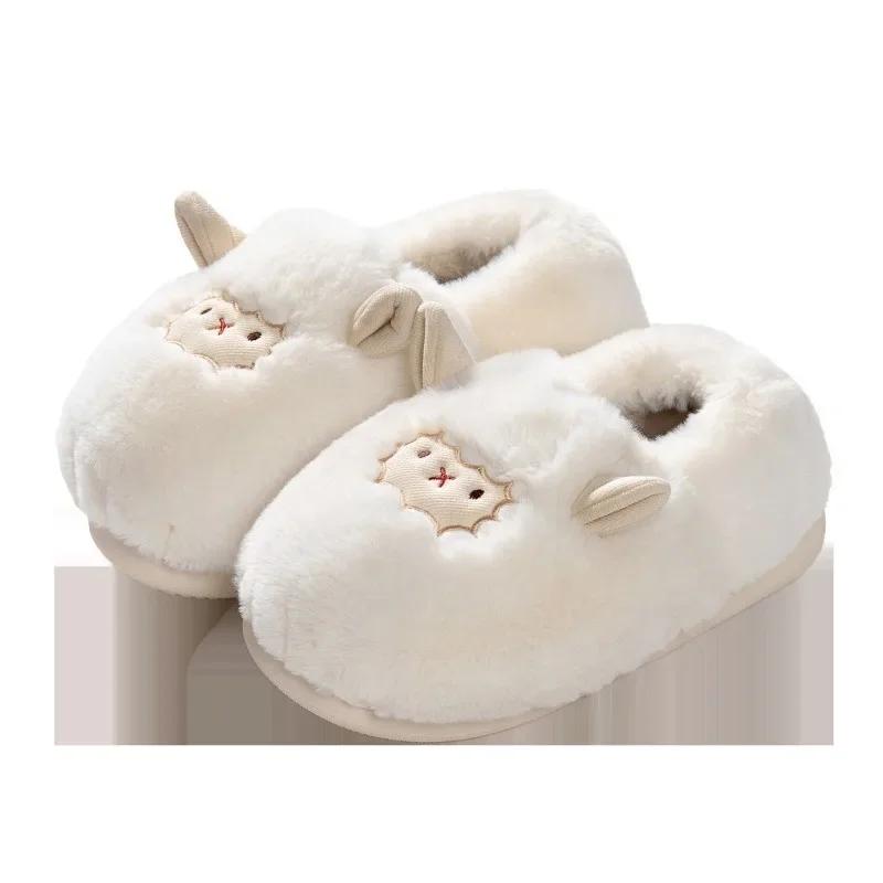 Женские милые тапочки с мультяшным ягненком, зимние плюшевые теплые домашние хлопковые туфли, нескользящие домашние тапочки с овечьей шкурой, мягкие тапочки с подошвой