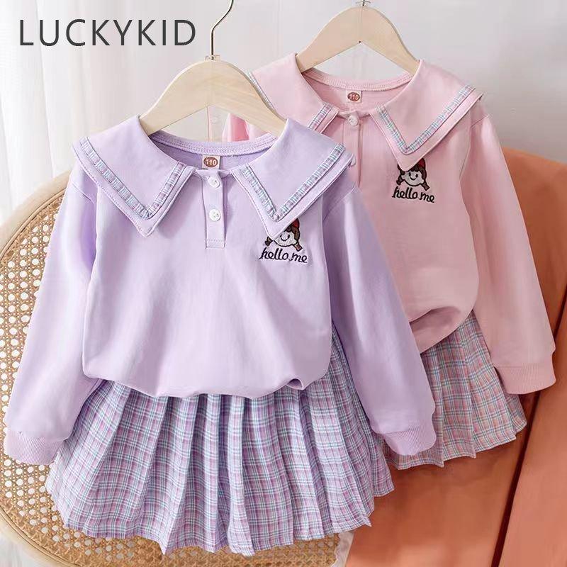 Весенне-осенний костюм с юбкой для девочек-подростков, милые свитера с длинными рукавами и героями мультфильмов, повседневная туника, короткая плиссированная юбка, детская одежда