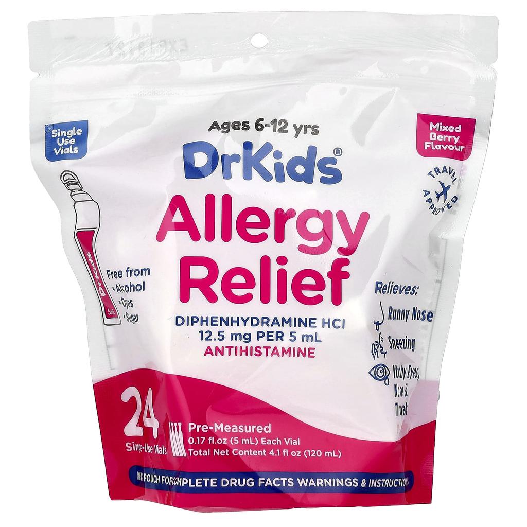 DrKids Allergy Relief, Ages 6-12, Mixed Berry, 24 Single-Use Vials, 5 Ml (0.17 Fl Oz) Each
