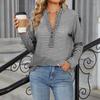 Women's Fashion Striped V Neck SLong Sleeve Button Casual T-shirt Top