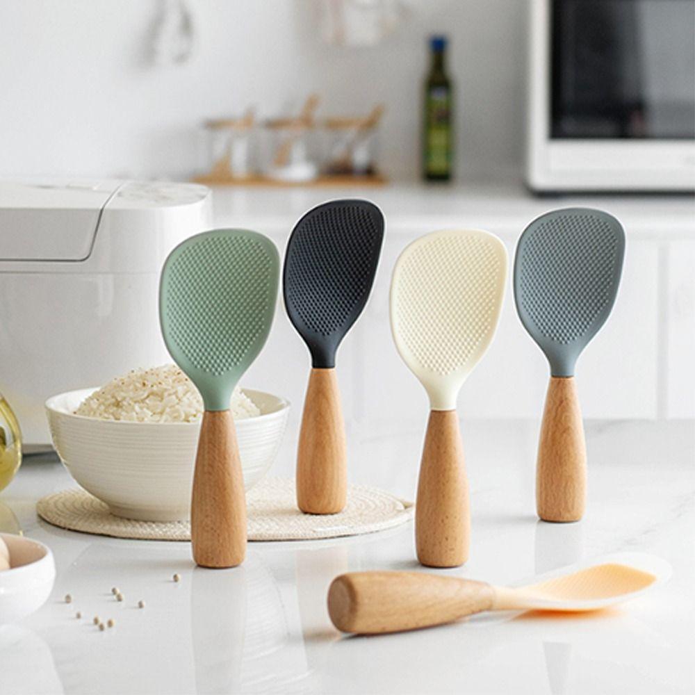 Silicone Rice Paddle Non-Stick Wooden Handle Spatula Multifunction Rice Spoon Kitchen Cooking Tool