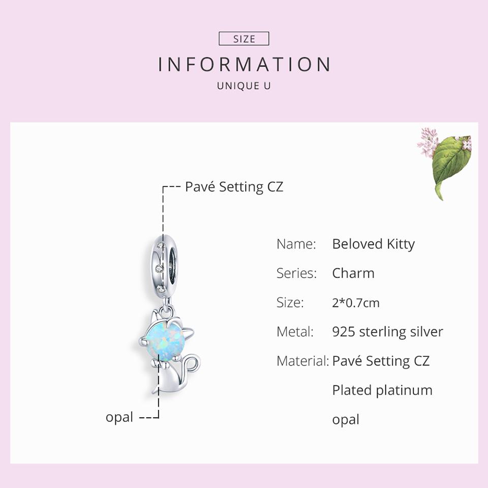 Подвеска-подвеска BAMOER из стерлингового серебра 925 пробы с опалом и котом, подходит для оригинального браслета или ожерелья