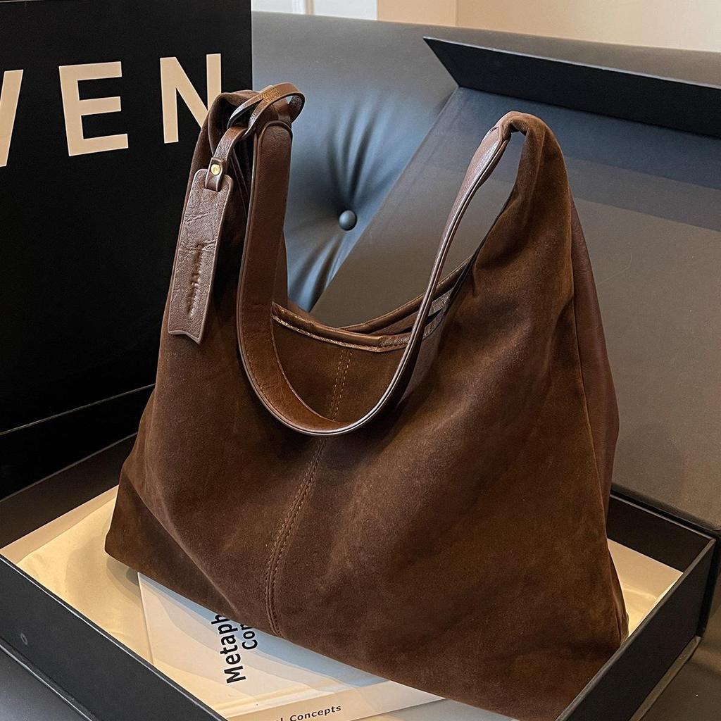 Женская повседневная сумка-тоут на плечо из мягкой кожи и замши - Большой вместимости, Осенне-зимний сезон 2025, Сумка-ведро