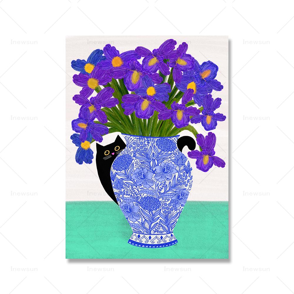 Черный кот и маки принт синие цветы дневной постер кошка скандинавский абстрактный кот животное холст картина настенные картины декор