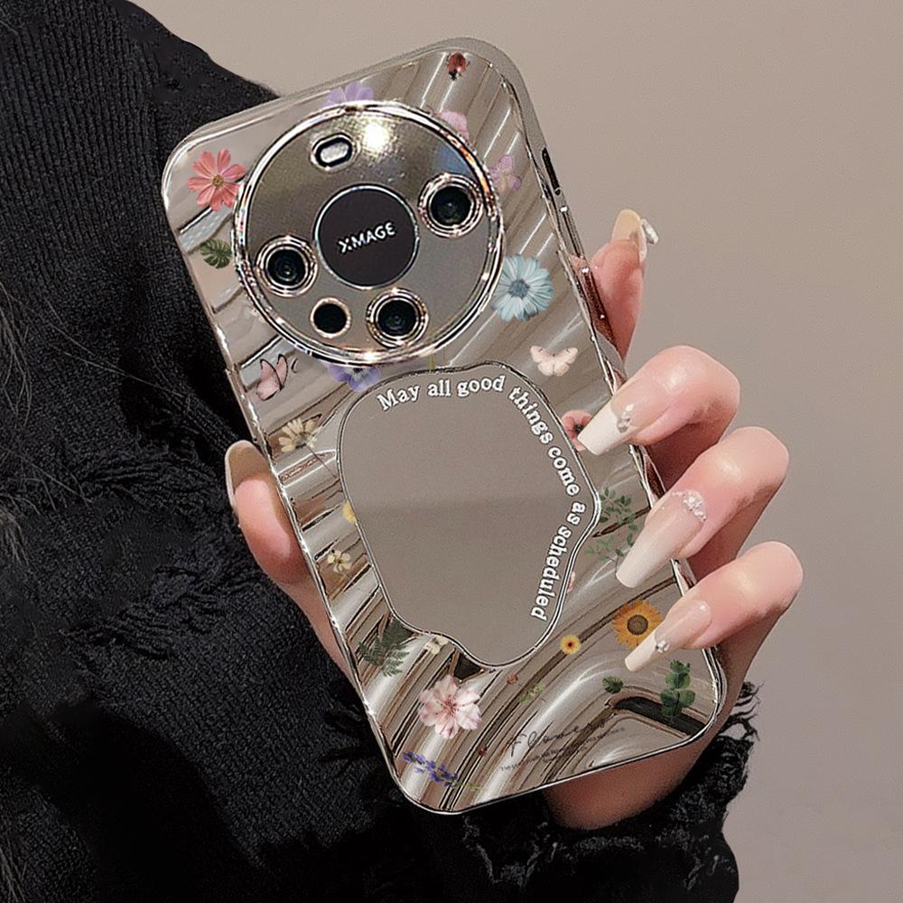 Зеркальный чехол для телефона для iPhone 16 11 13 14 для 16 Pro 12 13 15 16 Pro Max для Samsung A15 A16 A35 A55 Милый чехол для телефона с облаком, цветком и щенком с гальваническим покрытием