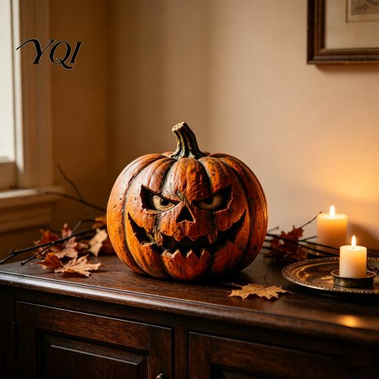Indoor Autumn Holiday Decorations Halloween Wooden Pumpkin Figurine, Rustic Spooky Ornament, Fall Party Desktop Display Table Centerpiece for