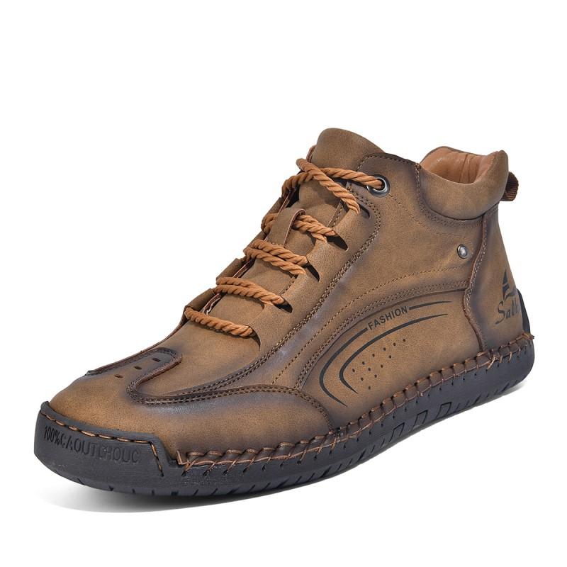 Mens Wide Fit Hand-Stitched Sole Casual Leather Boots Comfortable Outdoor Martin Style Loafer Shoes