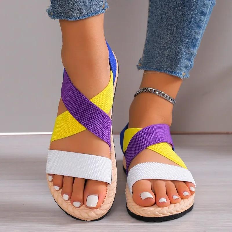 Модная женская обувь 2025 Горячая распродажа Сандалии женские летние с открытым носком Новая цветовая гамма Большой размер Легкие лаконичные сандалии на плоской подошве