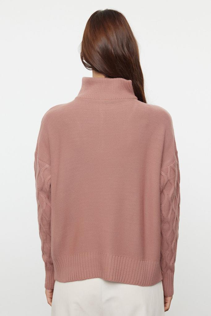 Women's Fashionable Stylish Sweater Dusty Rose Wide Pattern Hair Braided High Collar Knitwear Sweater