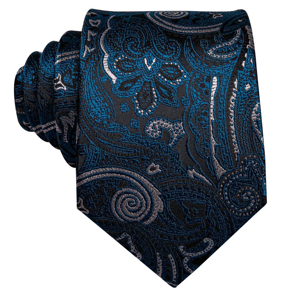 Hi-Tie Fashion Mens Blue Paisley Necktie Hanky Cufflinks for Business Wedding