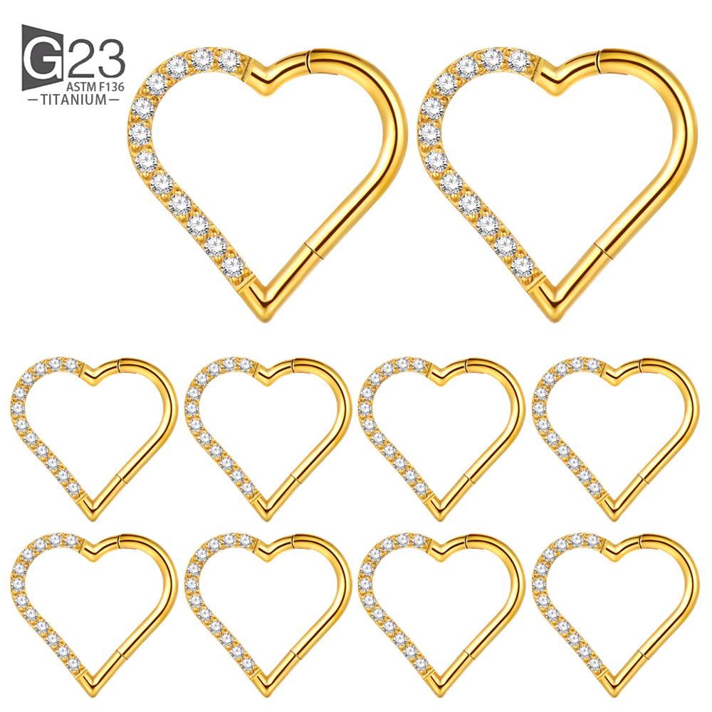 10 шт. Титановое кольцо для пирсинга Дэйт в форме сердца ASTM F136, кольцо-хуп для уха, хряща, трагуса, хеликса, на шарнирном сегменте, с прозрачным кубическим цирконием