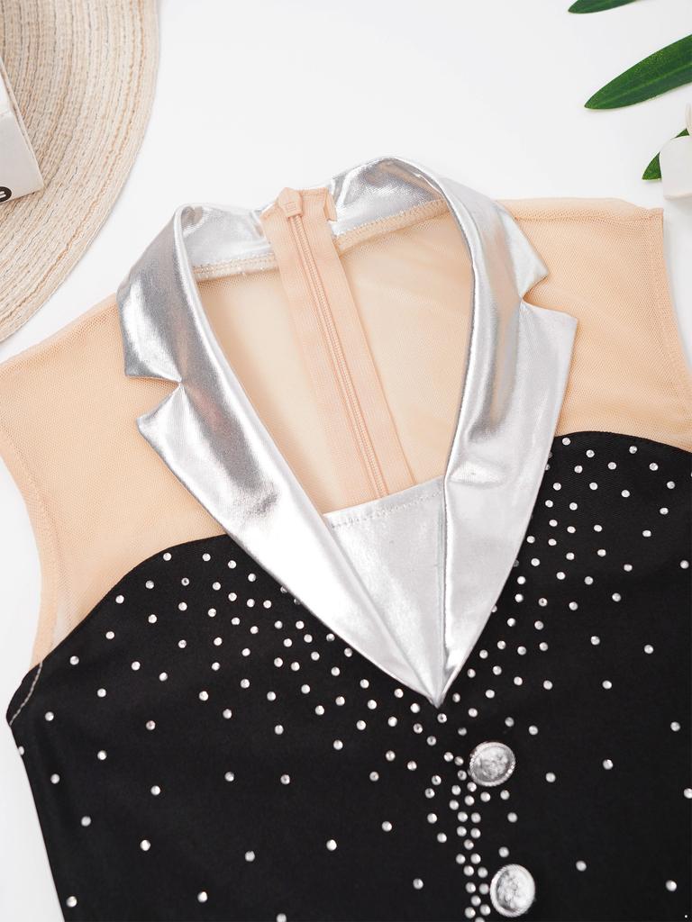 Girls Sparkling Skating Dress Sleeveless Patchwork One Piece with Fingerless Gloves Built In Briefs Performance Costume