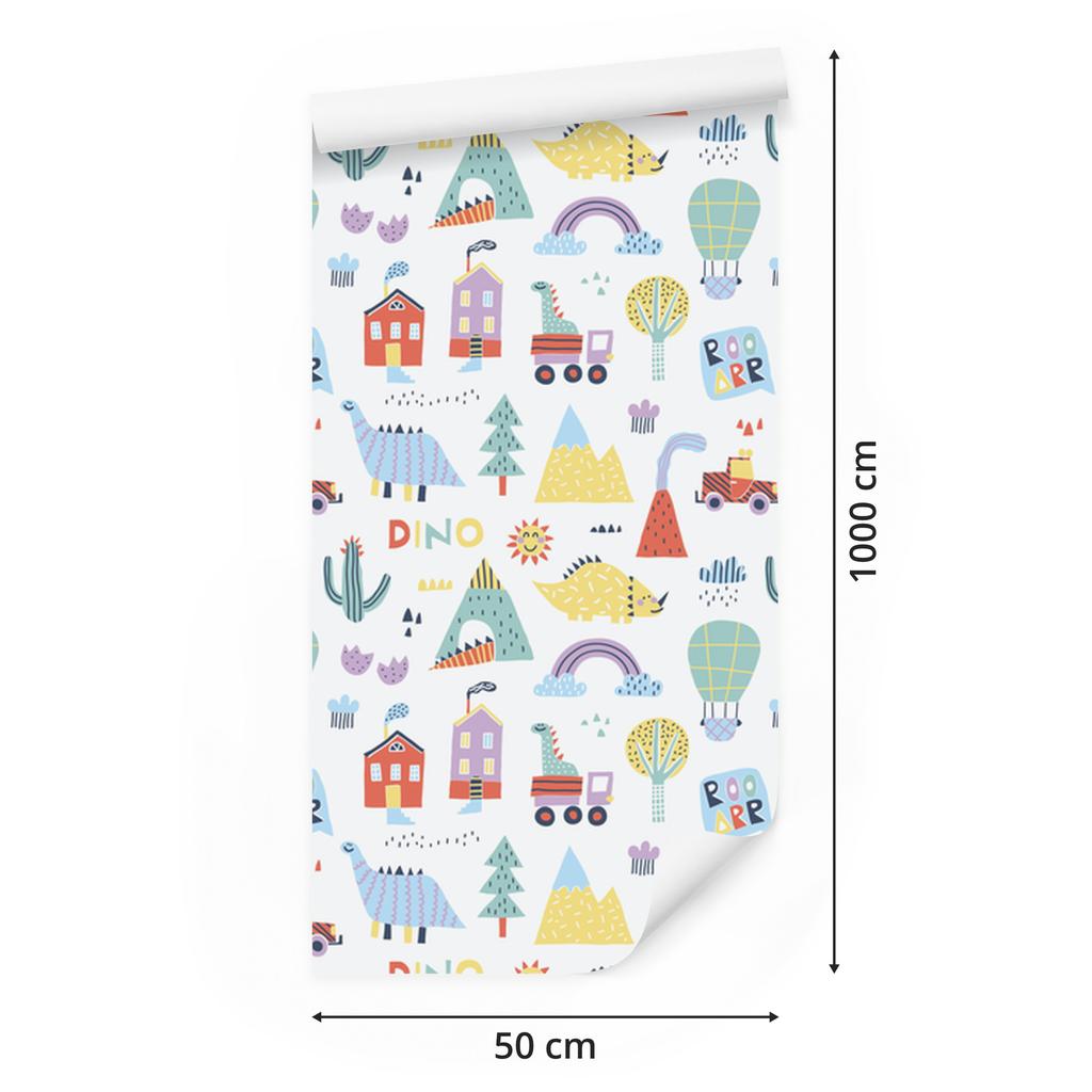 Wallpaper Colorful Dinosaurs Mountains and Trees for Living Room and Bedroom 50x1000