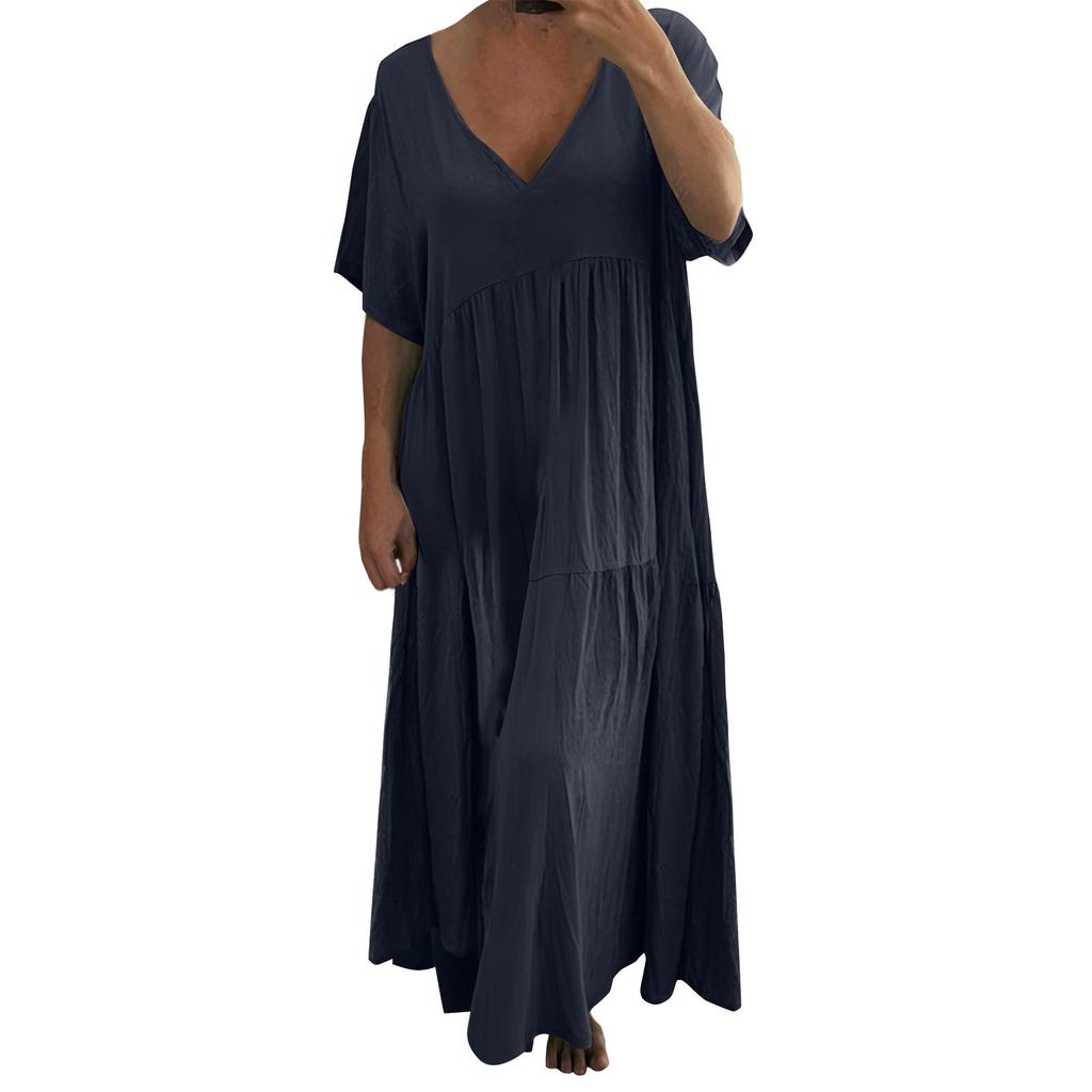 Women's Fashion V-Neck Color Loose Long Big Swing Short Sleeve Dresses