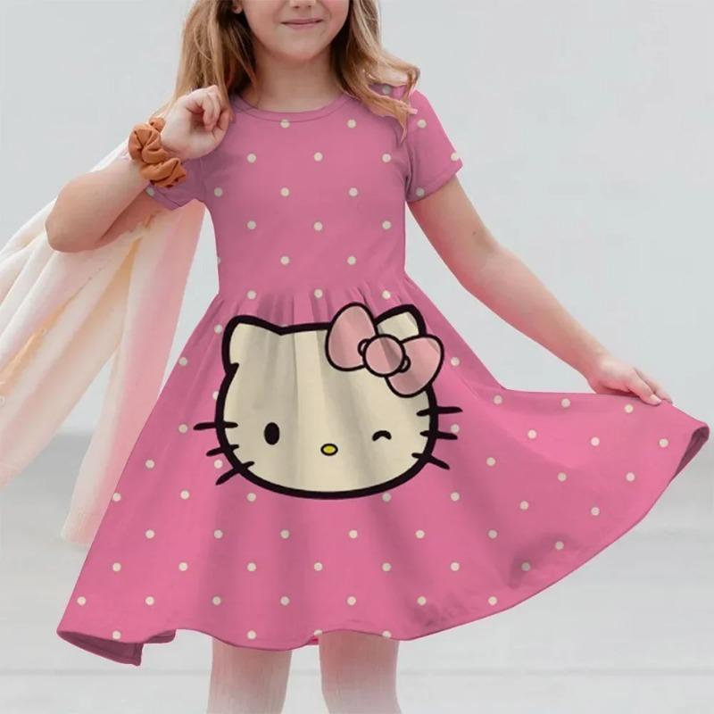 Sanrio 2026Новое летнее платье для девочек Модное мультяшное милое Hello Kitty 3D-печать Платья для девочек с коротким рукавом Одежда для принцесс на каникулы