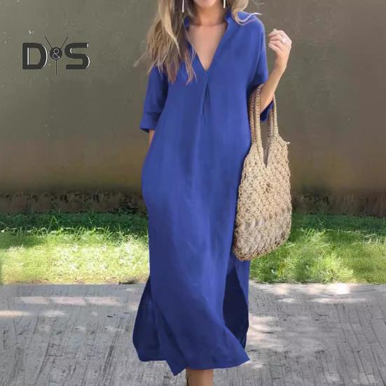 Summer Dress Three-quarter Sleeves Side Slit Loose V Neck Midi Dress with Pockets Solid Color Pleated Pullover Calf Length Casual Dress