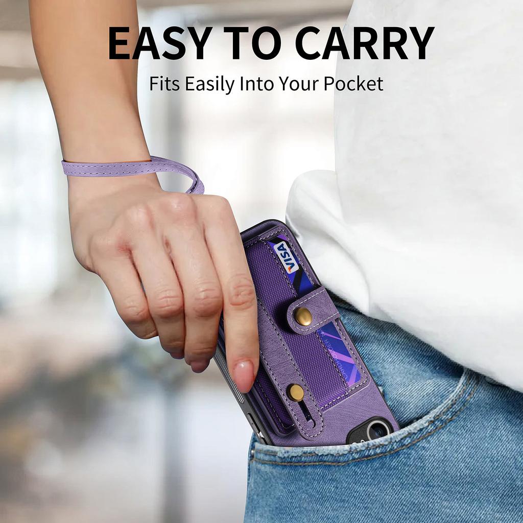 For iPhone 16e Retro PU Leather Back Cover with Card Holder and Wristband Kickstand