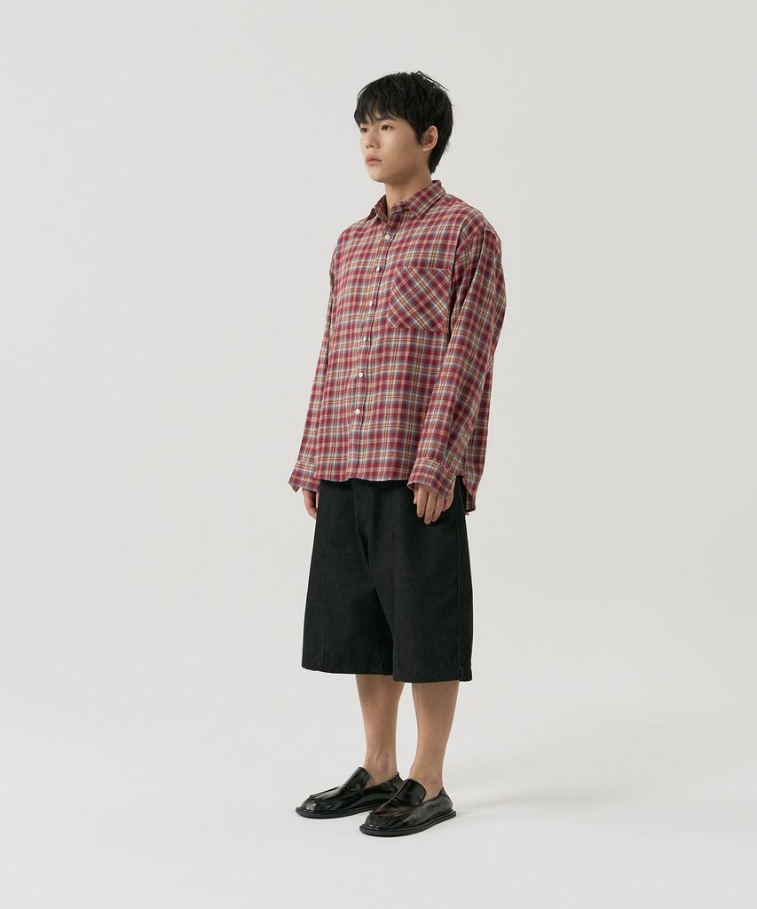 GNOK Flannel Check Pocket Long Sleeve Shirt [Burgundy]
