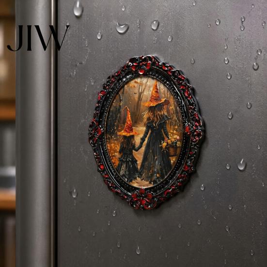 Halloween Refrigerator Magnets Magnetic Fridge Magnet, Ghost Witch Photo Frame, Wooden Vintage Theme Home Ornaments Frame Decoration, Atmospheric Dark