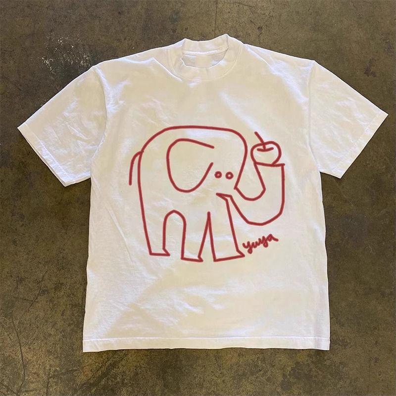 Pure Cotton Summer New Style Cartoon Elephant Print Casual Shortsleeved Tshirt For Both Unisex And Women