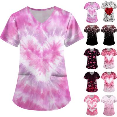 Большой размер Принтованный скраб Рабочая униформа Топы для женских V-образный вырез с запахом Принт Короткий рукав Веселые футболки Рабочая одежда Футболка с карманами