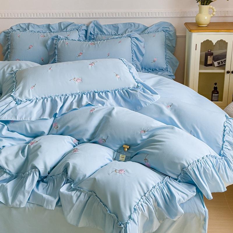 Комплект из четырех предметов в стиле принцессы с кружевом из чистого хлопка, корейская версия, кружевная вышивка, однотонный, стиранный хлопок, пододеяльник, постельное белье