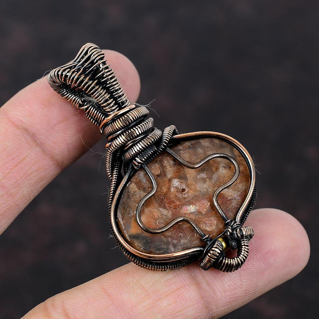 Подвеска из драгоценного камня Sunstone, подвеска из медной проволоки, подвеска из радужного лунного камня, ручная работа, медные украшения, подарок для женщин, ювелирные изделия из проволоки